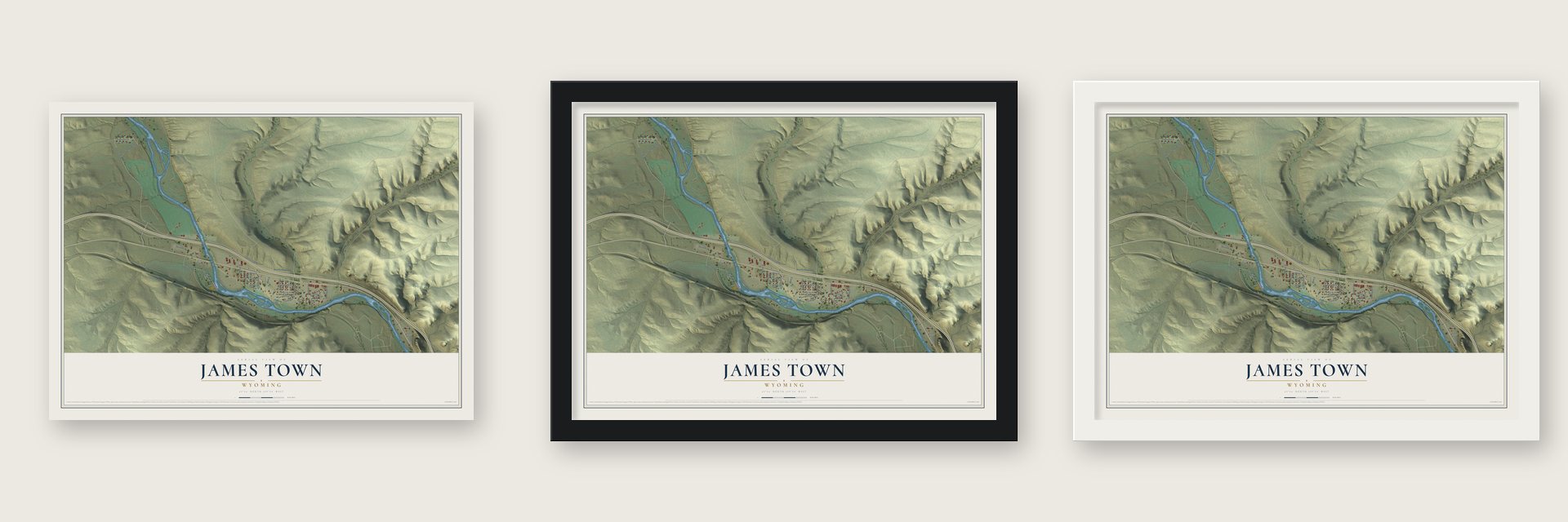 James Town, Wyoming map unframed, in a black wood frame and in a white wood frame
