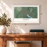 Jamesburg, New Jersey map, 12 x 18 inch print in a white frame in an entryway