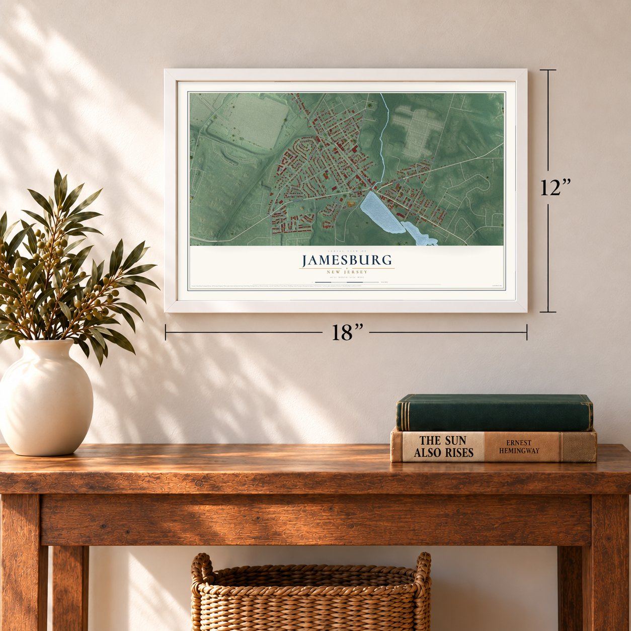 Jamesburg, New Jersey map, 12 x 18 inch print in a white frame in an entryway