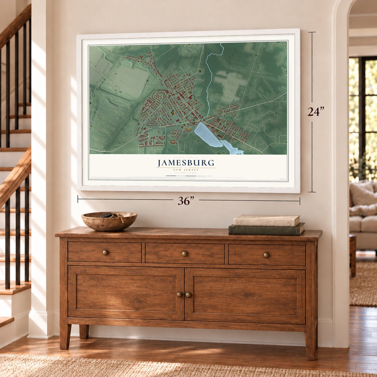 Jamesburg, New Jersey map, 24 x 36 inch print in a white frame above a dresser by a staircase