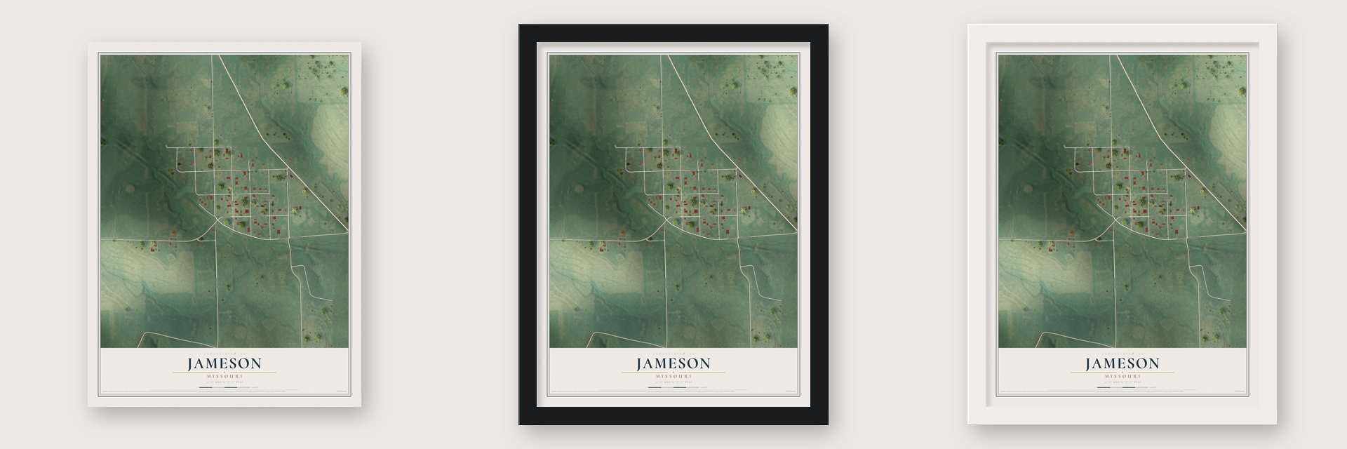Jameson, Missouri map unframed, in a black wood frame and in a white wood frame