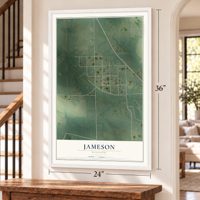 Jameson, Missouri map, 24 x 36 inch print in a white frame by a staircase