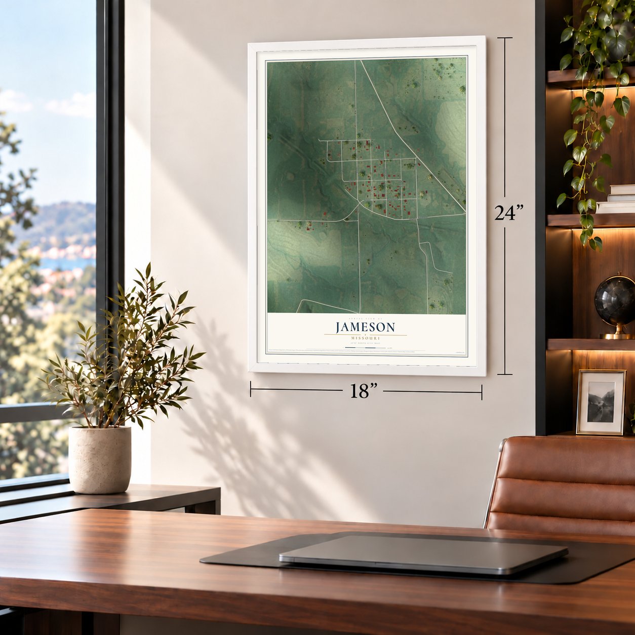 Jameson, Missouri map, 18 x 24 inch print in a white frame in a home office
