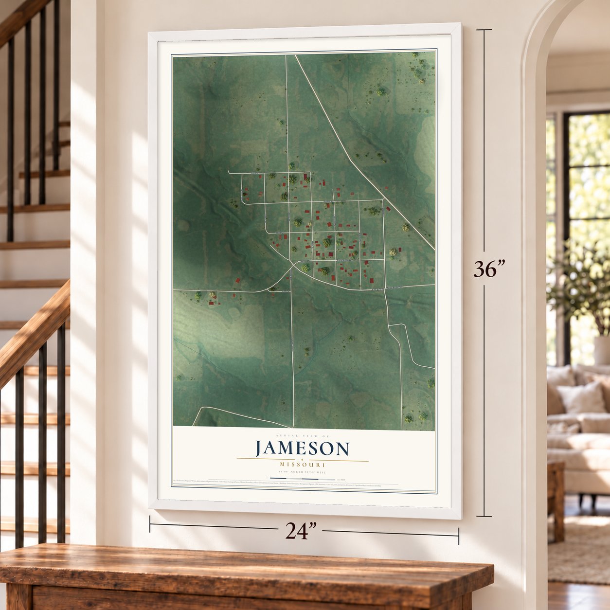 Jameson, Missouri map, 24 x 36 inch print in a white frame by a staircase