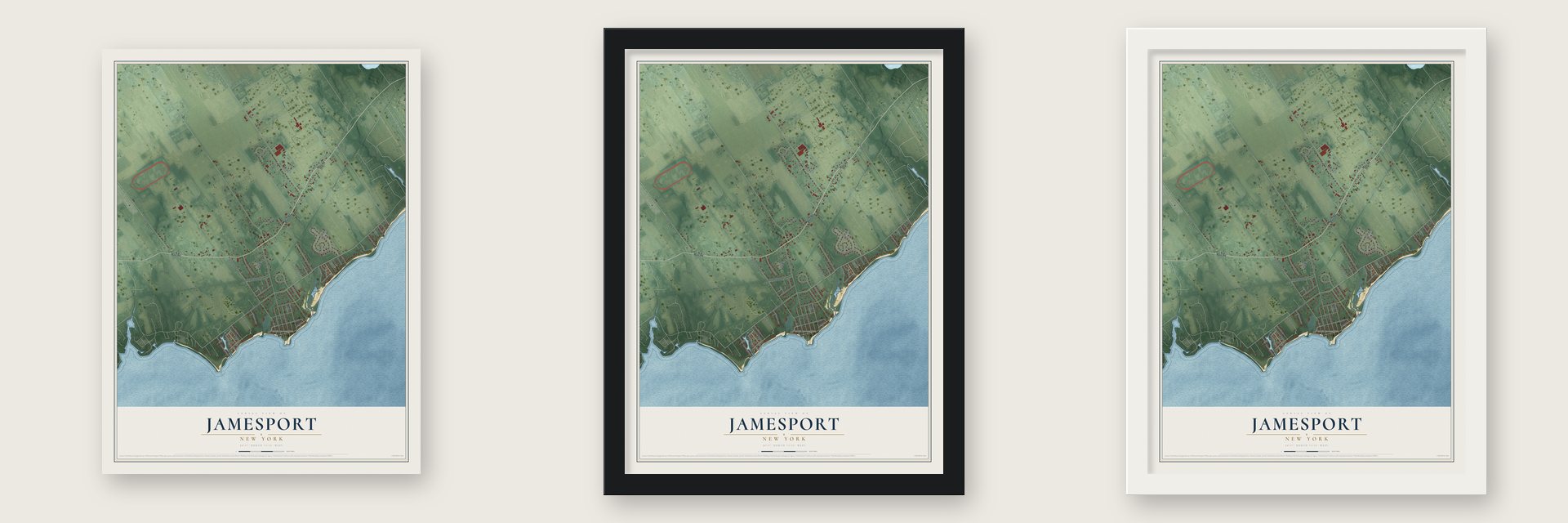 Jamesport, New York map unframed, in a black wood frame and in a white wood frame
