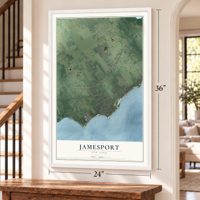 Jamesport, New York map, 24 x 36 inch print in a white frame by a staircase