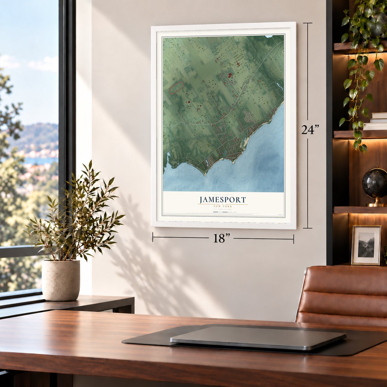 Jamesport, New York map, 18 x 24 inch print in a white frame in a home office