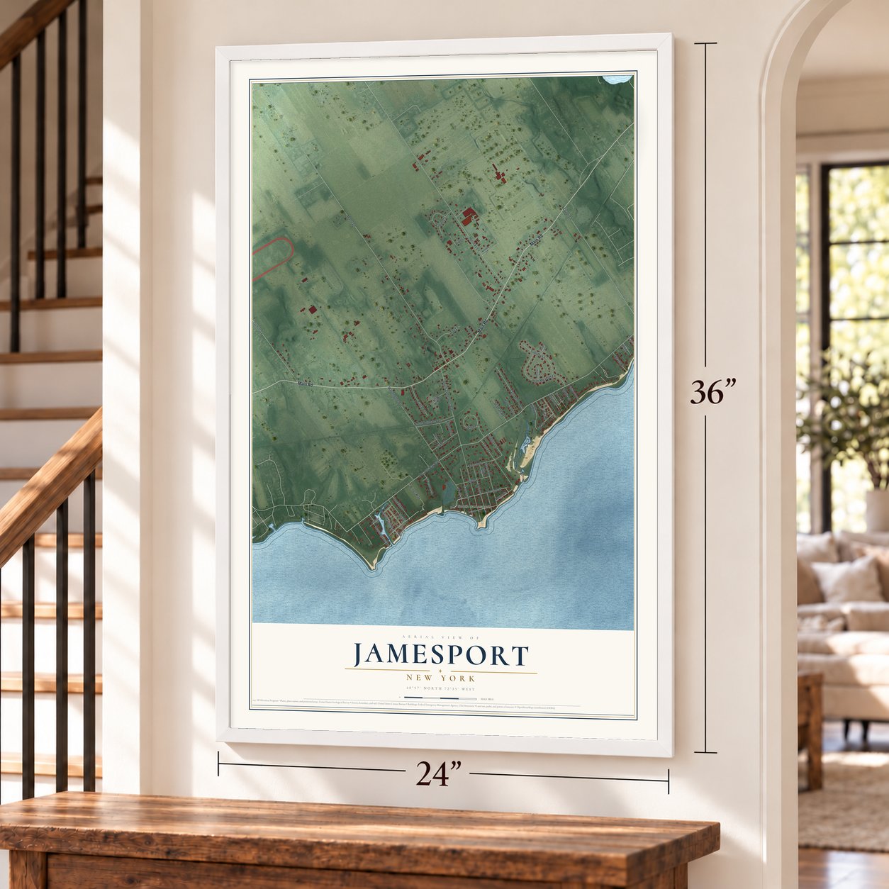 Jamesport, New York map, 24 x 36 inch print in a white frame by a staircase