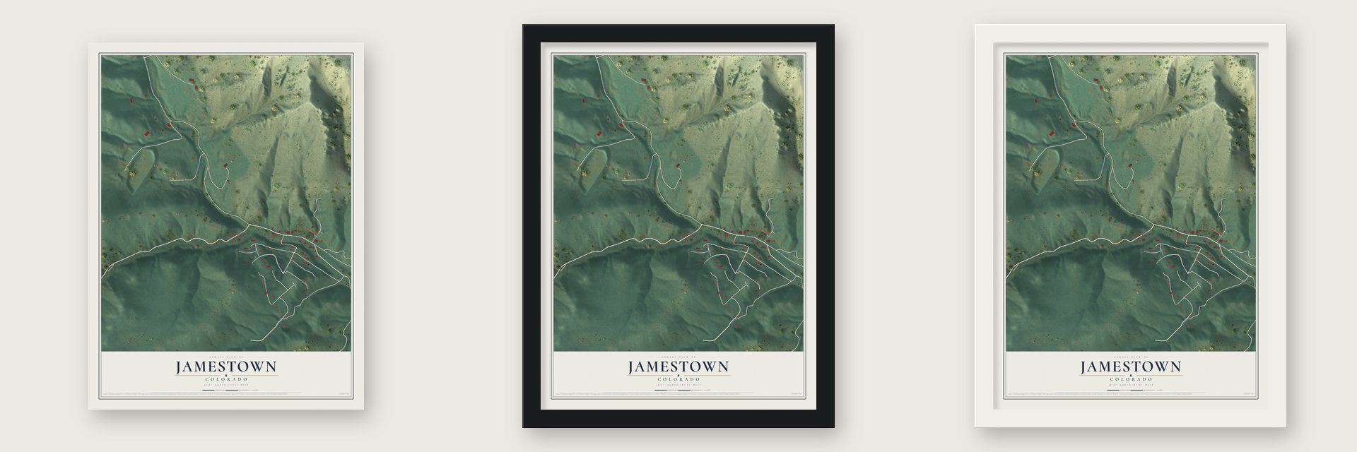 Jamestown, Colorado map unframed, in a black wood frame and in a white wood frame