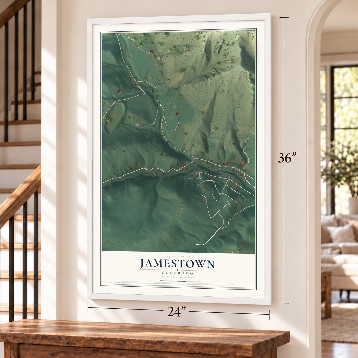 Jamestown, Colorado map, 24 x 36 inch print in a white frame by a staircase