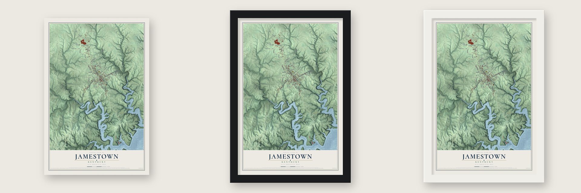 Jamestown, Kentucky map unframed, in a black wood frame and in a white wood frame