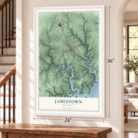Jamestown, Kentucky map, 24 x 36 inch print in a white frame by a staircase