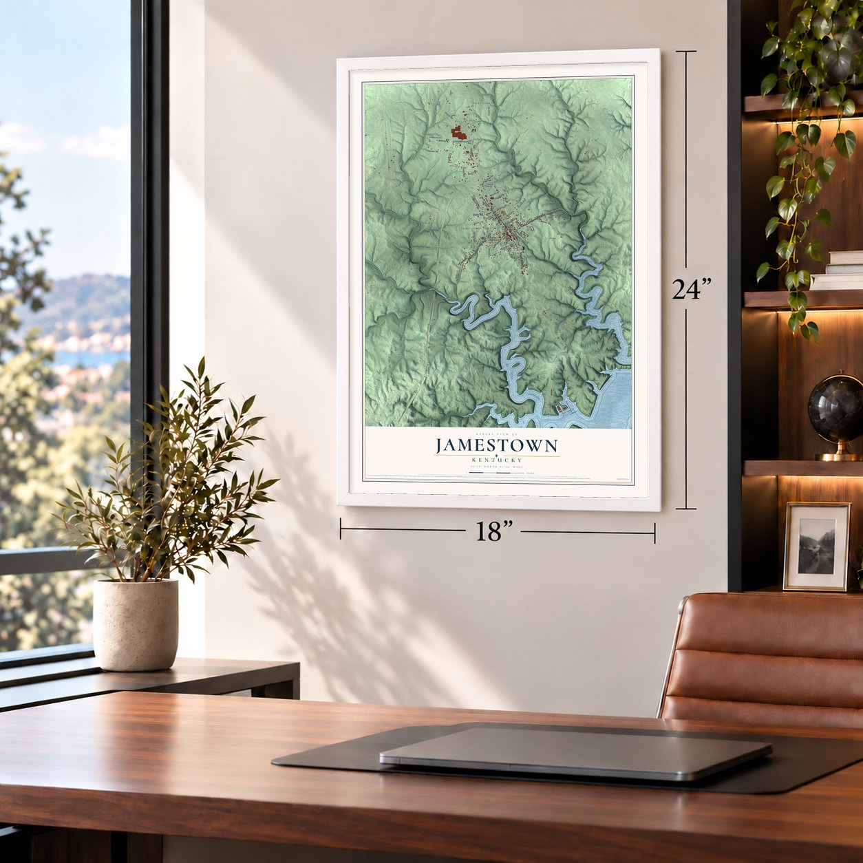 Jamestown, Kentucky map, 18 x 24 inch print in a white frame in a home office