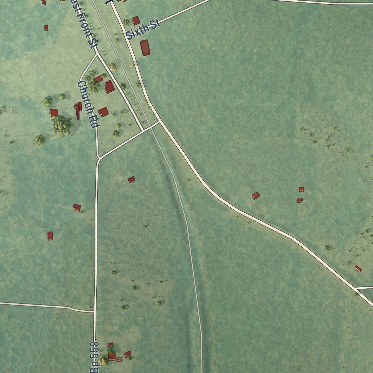 Second close-up of the map of Jamestown, Louisiana print showing more streets and buildings