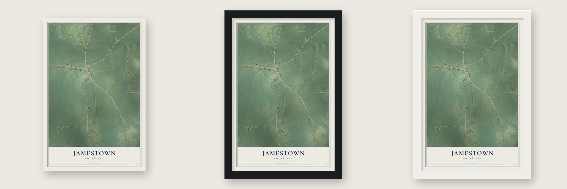 Jamestown, Louisiana map unframed, in a black wood frame and in a white wood frame