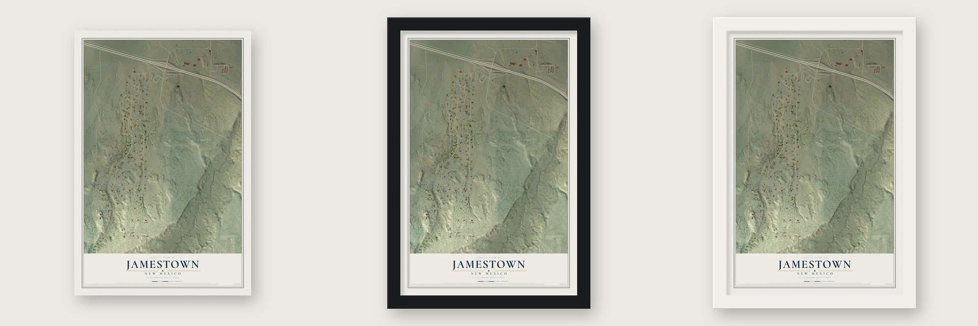 Jamestown, New Mexico map unframed, in a black wood frame and in a white wood frame