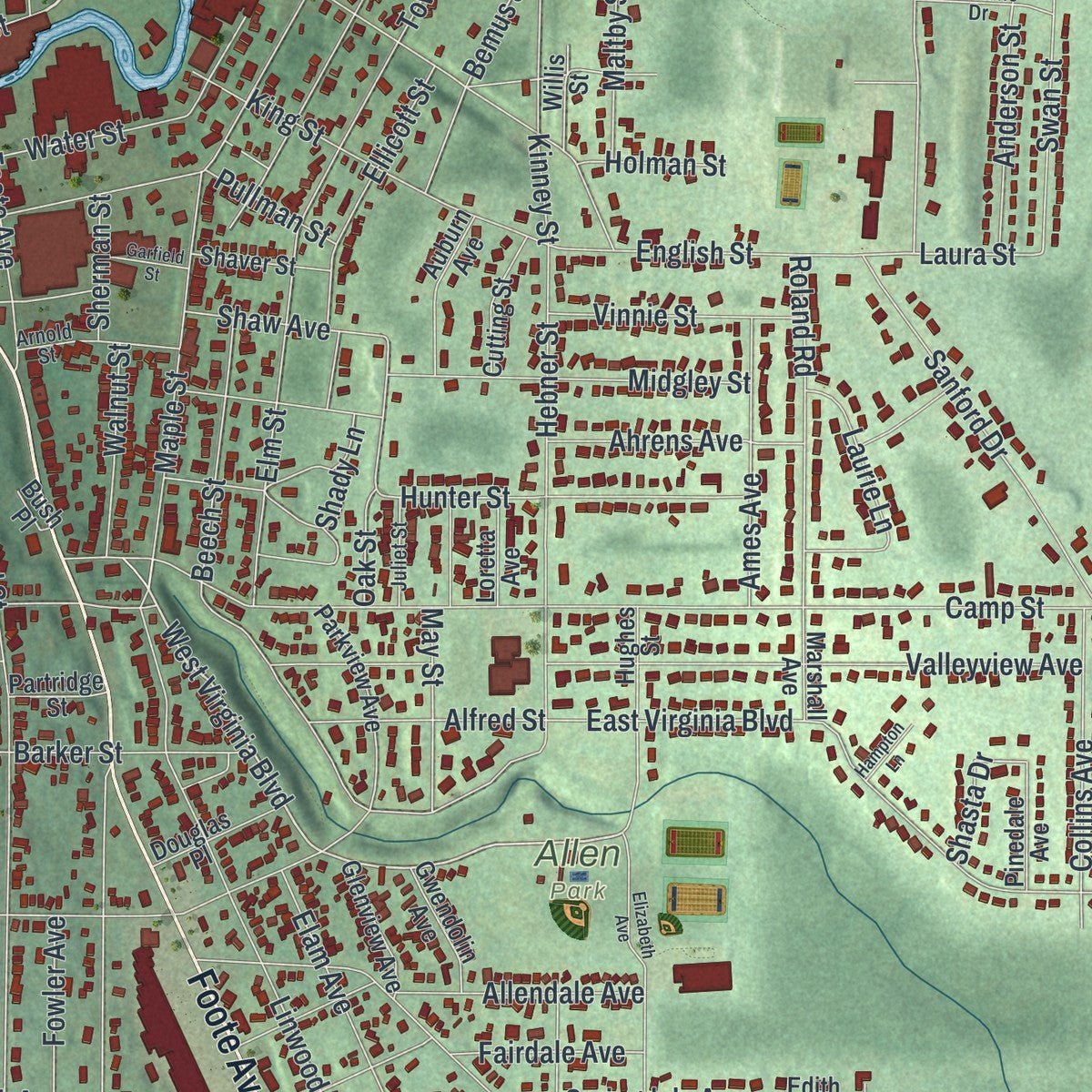Second close-up of the map of Jamestown, New York print showing more streets and buildings