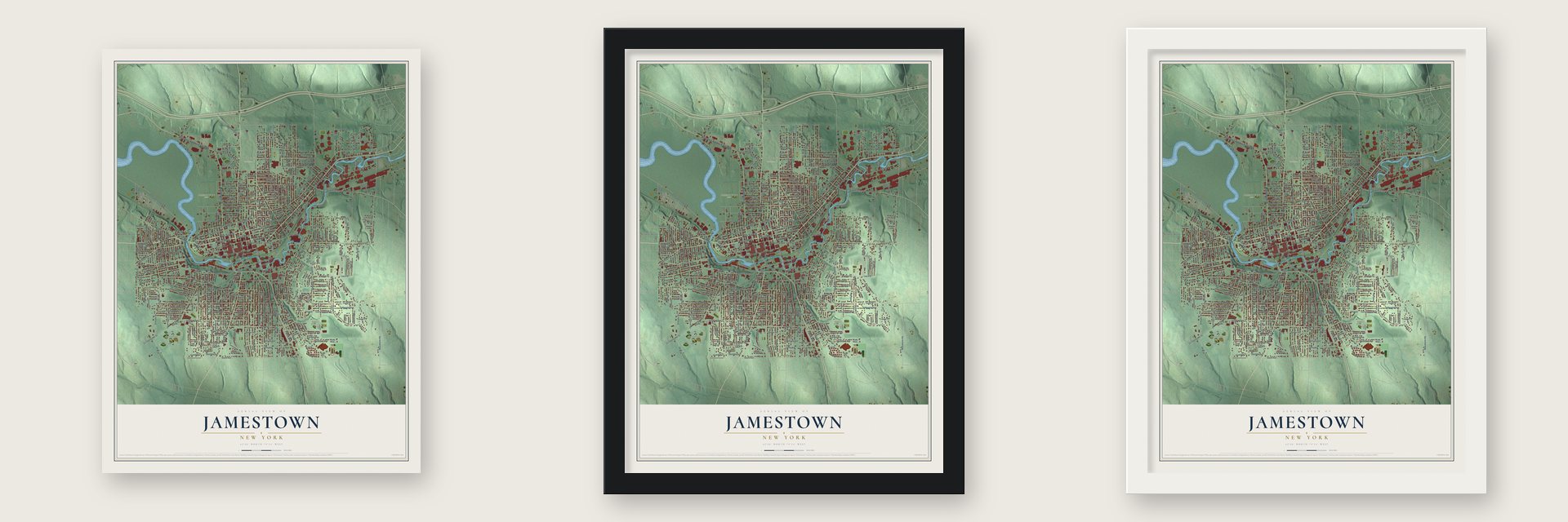Jamestown, New York map unframed, in a black wood frame and in a white wood frame