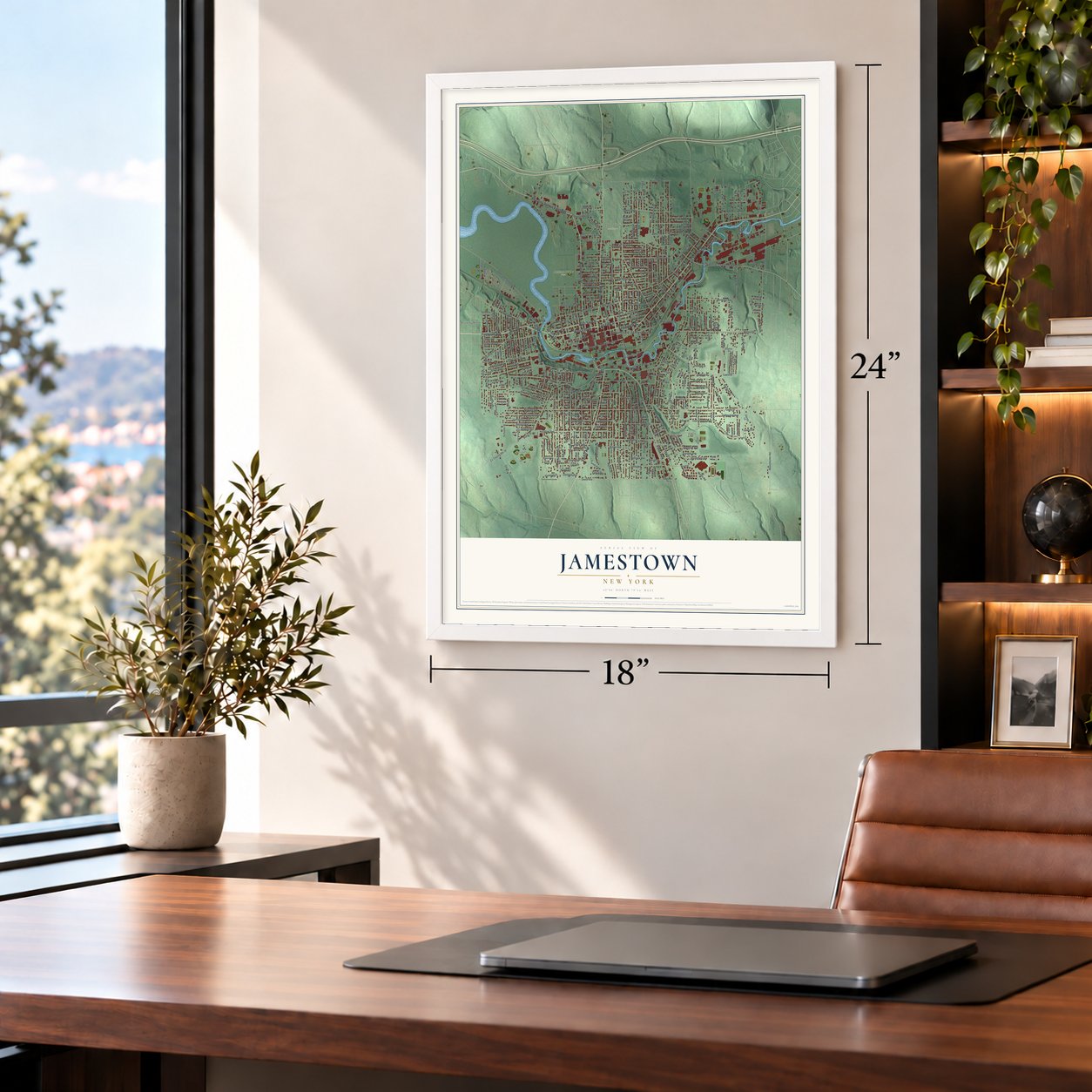 Jamestown, New York map, 18 x 24 inch print in a white frame in a home office