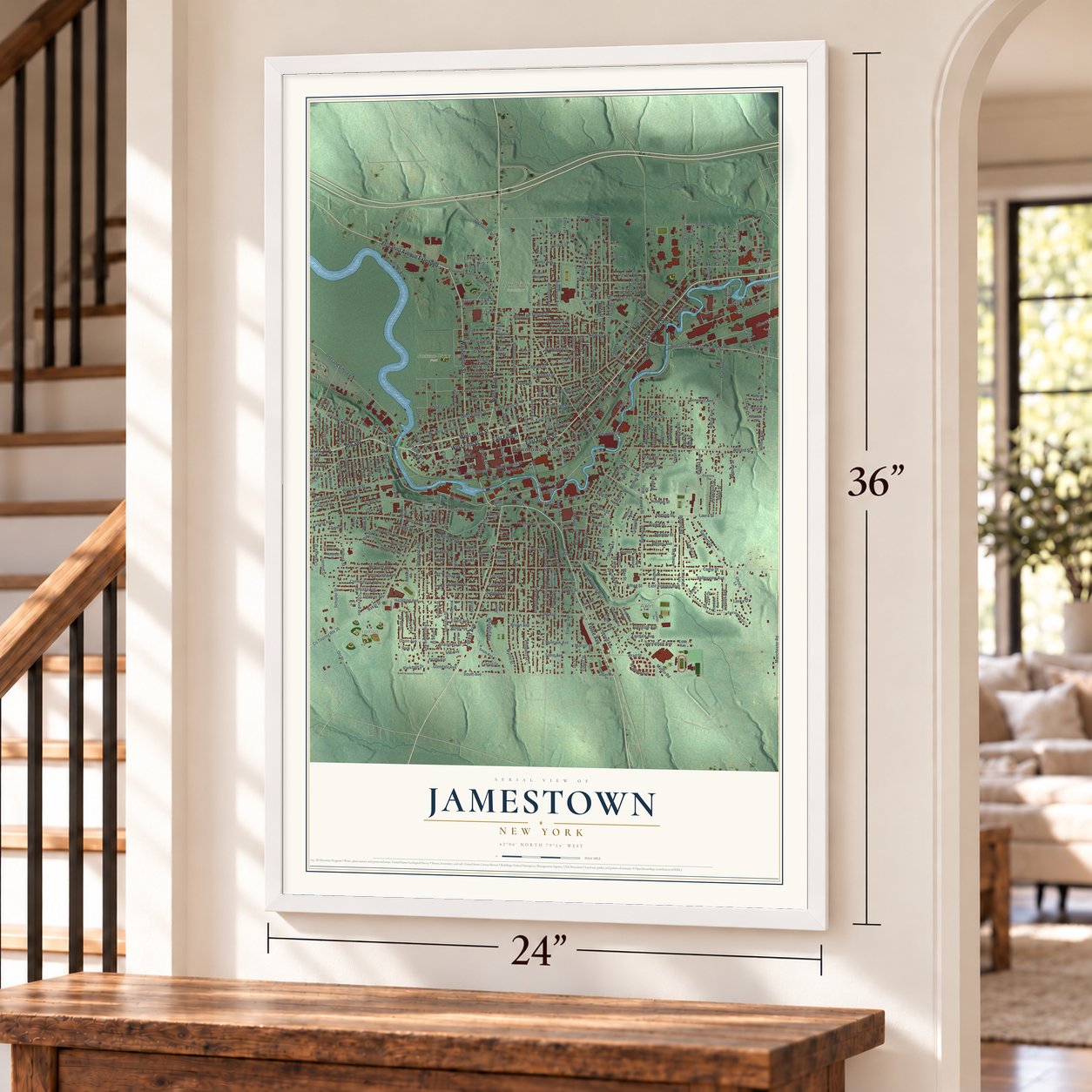 Jamestown, New York map, 24 x 36 inch print in a white frame by a staircase
