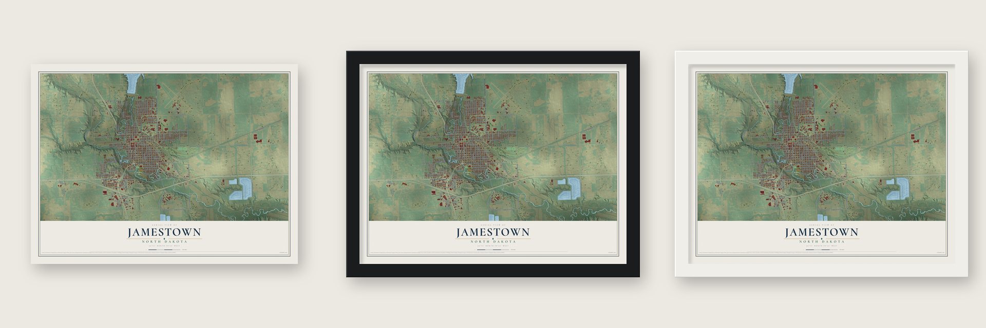 Jamestown, North Dakota map unframed, in a black wood frame and in a white wood frame