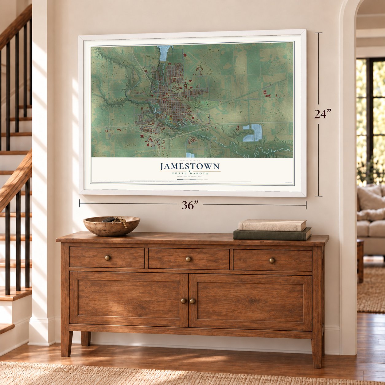 Jamestown, North Dakota map, 24 x 36 inch print in a white frame above a dresser by a staircase