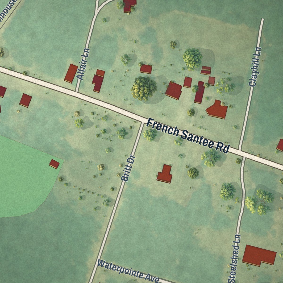 Second close-up of the map of Jamestown, South Carolina print showing more streets and buildings