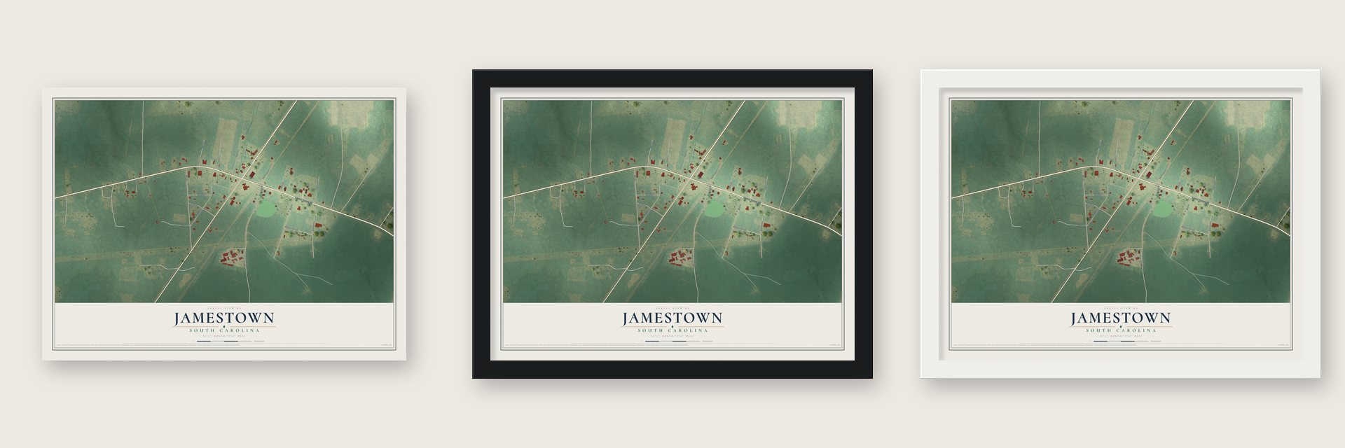 Jamestown, South Carolina map unframed, in a black wood frame and in a white wood frame