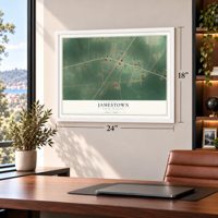 Jamestown, South Carolina map, 18 x 24 inch print in a white frame in a home office