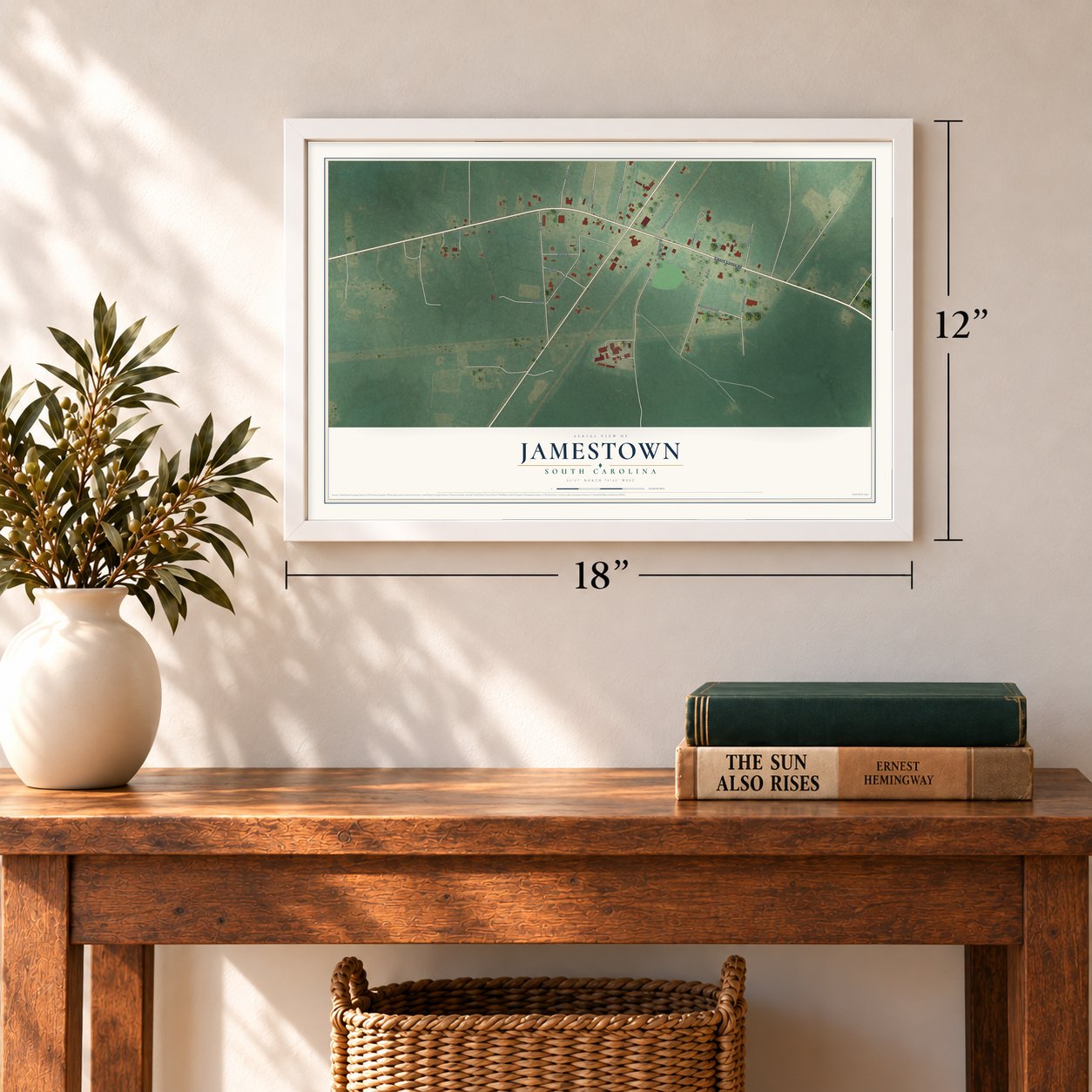 Jamestown, South Carolina map, 12 x 18 inch print in a white frame in an entryway