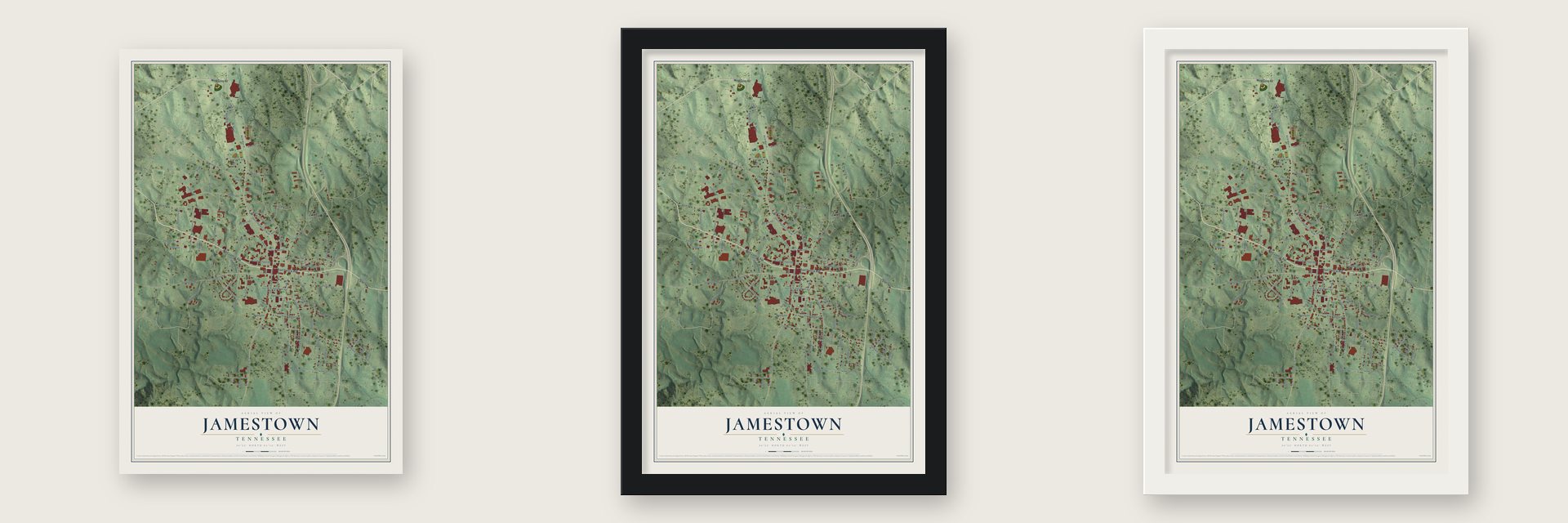 Jamestown, Tennessee map unframed, in a black wood frame and in a white wood frame