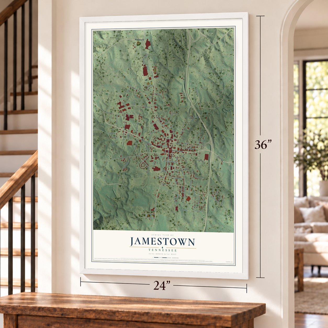 Jamestown, Tennessee map, 24 x 36 inch print in a white frame by a staircase