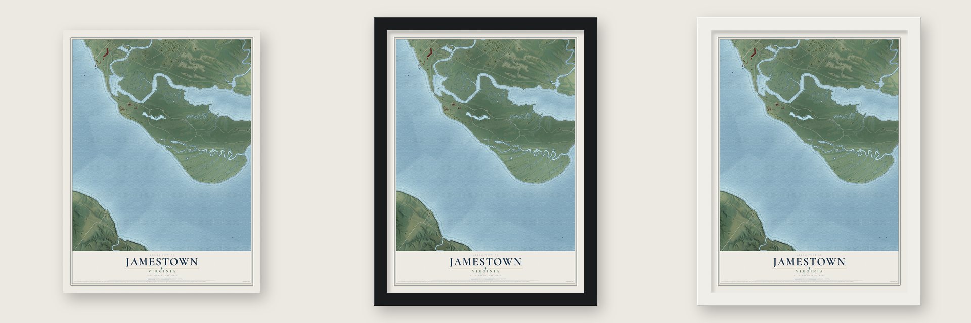 Jamestown, Virginia map unframed, in a black wood frame and in a white wood frame