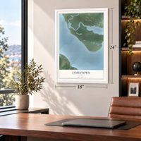 Jamestown, Virginia map, 18 x 24 inch print in a white frame in a home office