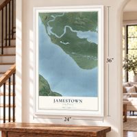 Jamestown, Virginia map, 24 x 36 inch print in a white frame by a staircase