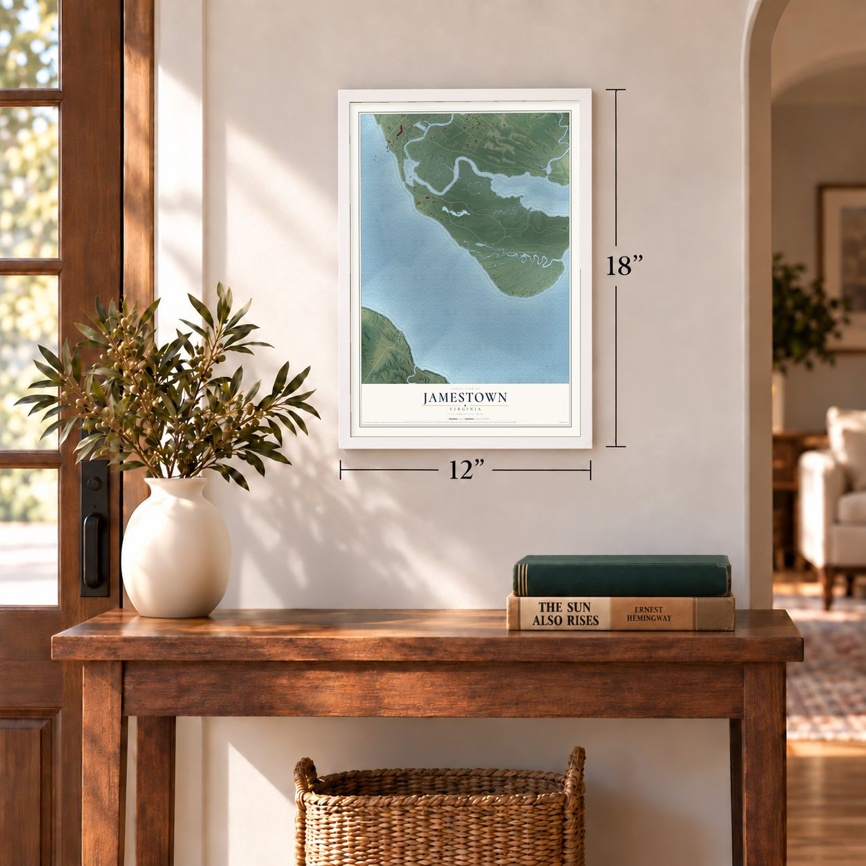 Jamestown, Virginia map, 12 x 18 inch print in a white frame in an entryway