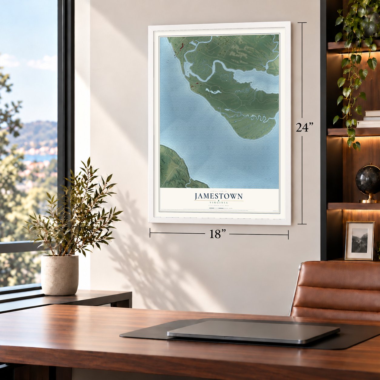 Jamestown, Virginia map, 18 x 24 inch print in a white frame in a home office