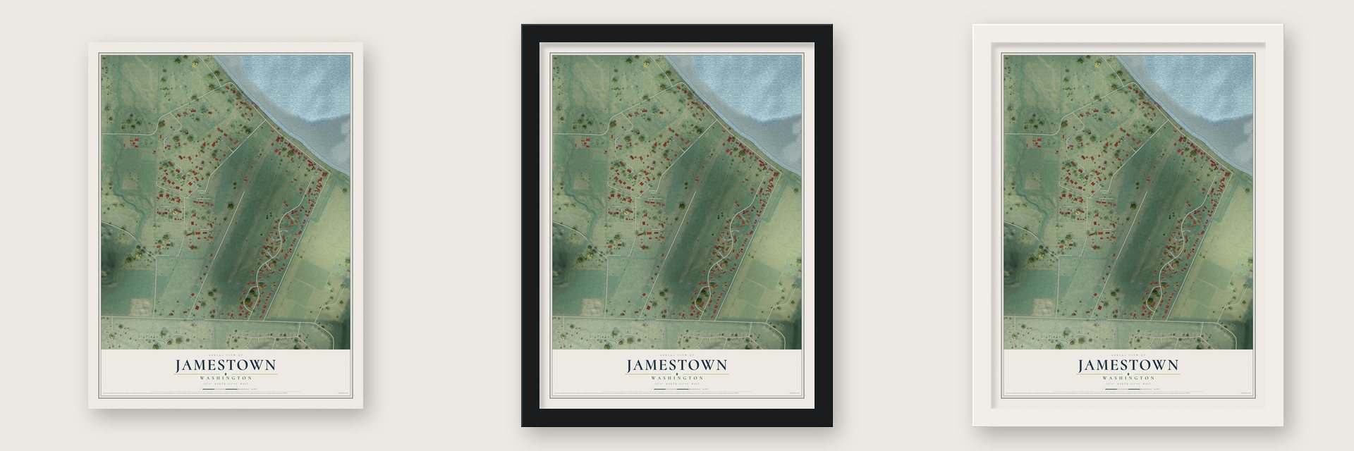 Jamestown, Washington map unframed, in a black wood frame and in a white wood frame