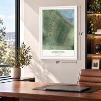 Jamestown, Washington map, 18 x 24 inch print in a white frame in a home office
