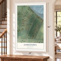 Jamestown, Washington map, 24 x 36 inch print in a white frame by a staircase