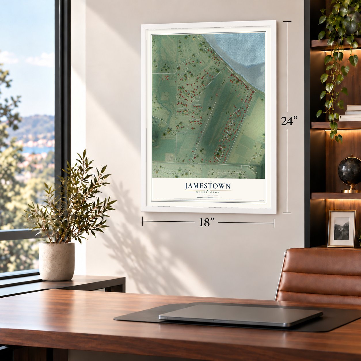 Jamestown, Washington map, 18 x 24 inch print in a white frame in a home office
