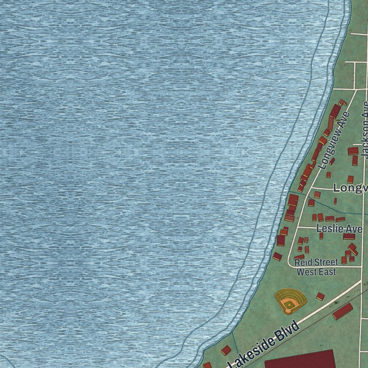 Second close-up of the map of Jamestown West, New York print showing more streets and buildings
