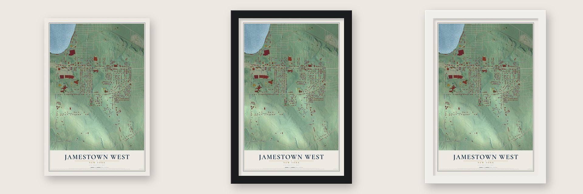 Jamestown West, New York map unframed, in a black wood frame and in a white wood frame