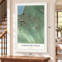 Jamestown West, New York map, 24 x 36 inch print in a white frame by a staircase