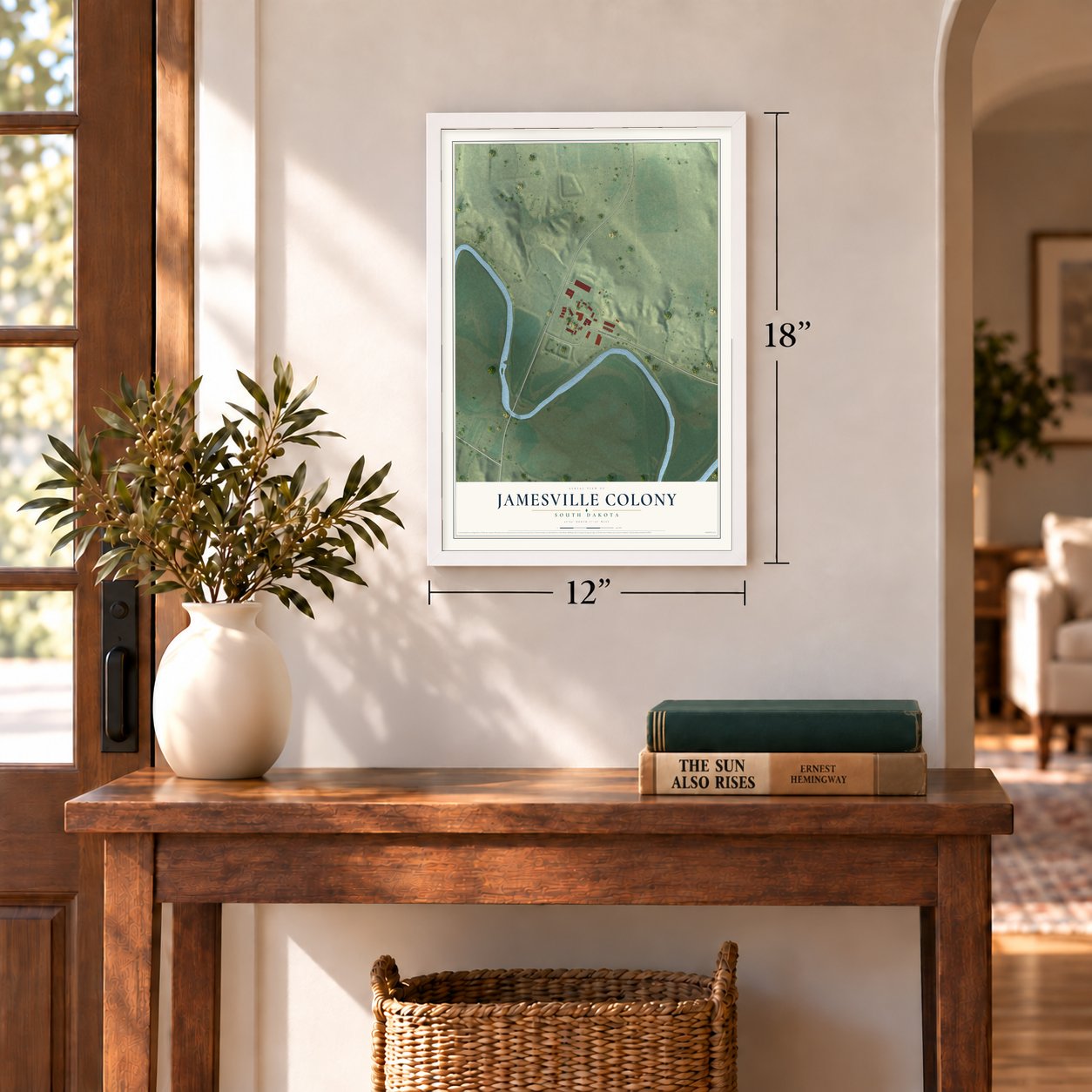 Jamesville Colony, South Dakota map, 12 x 18 inch print in a white frame in an entryway