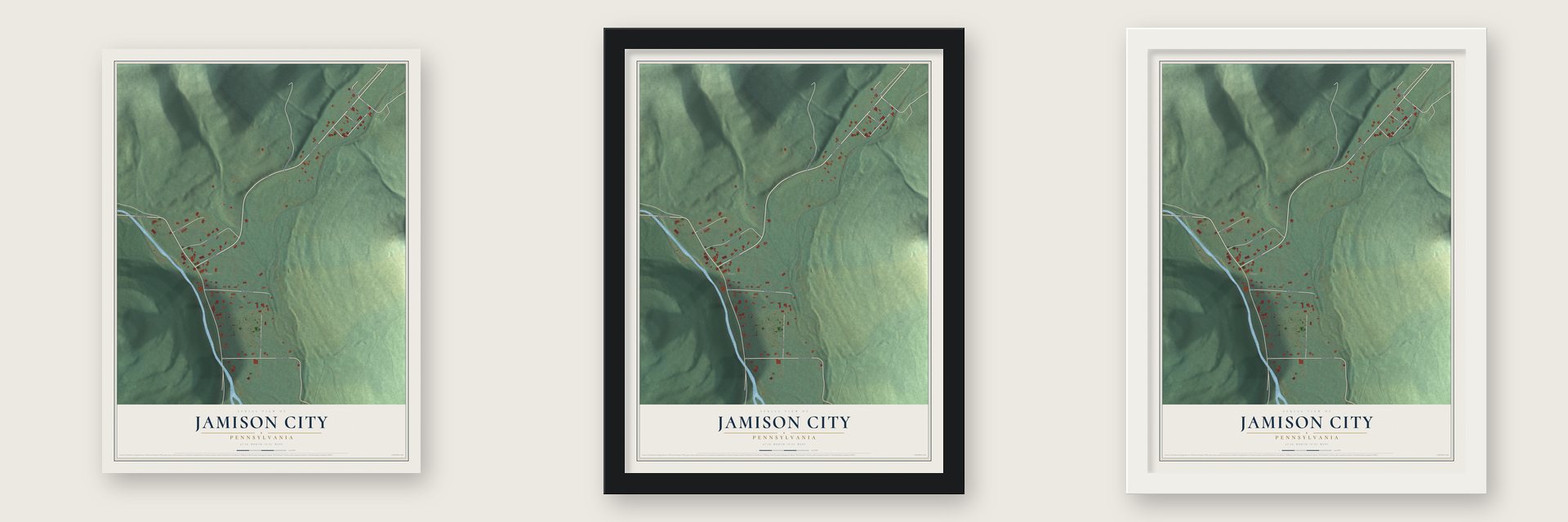 Jamison City, Pennsylvania map unframed, in a black wood frame and in a white wood frame