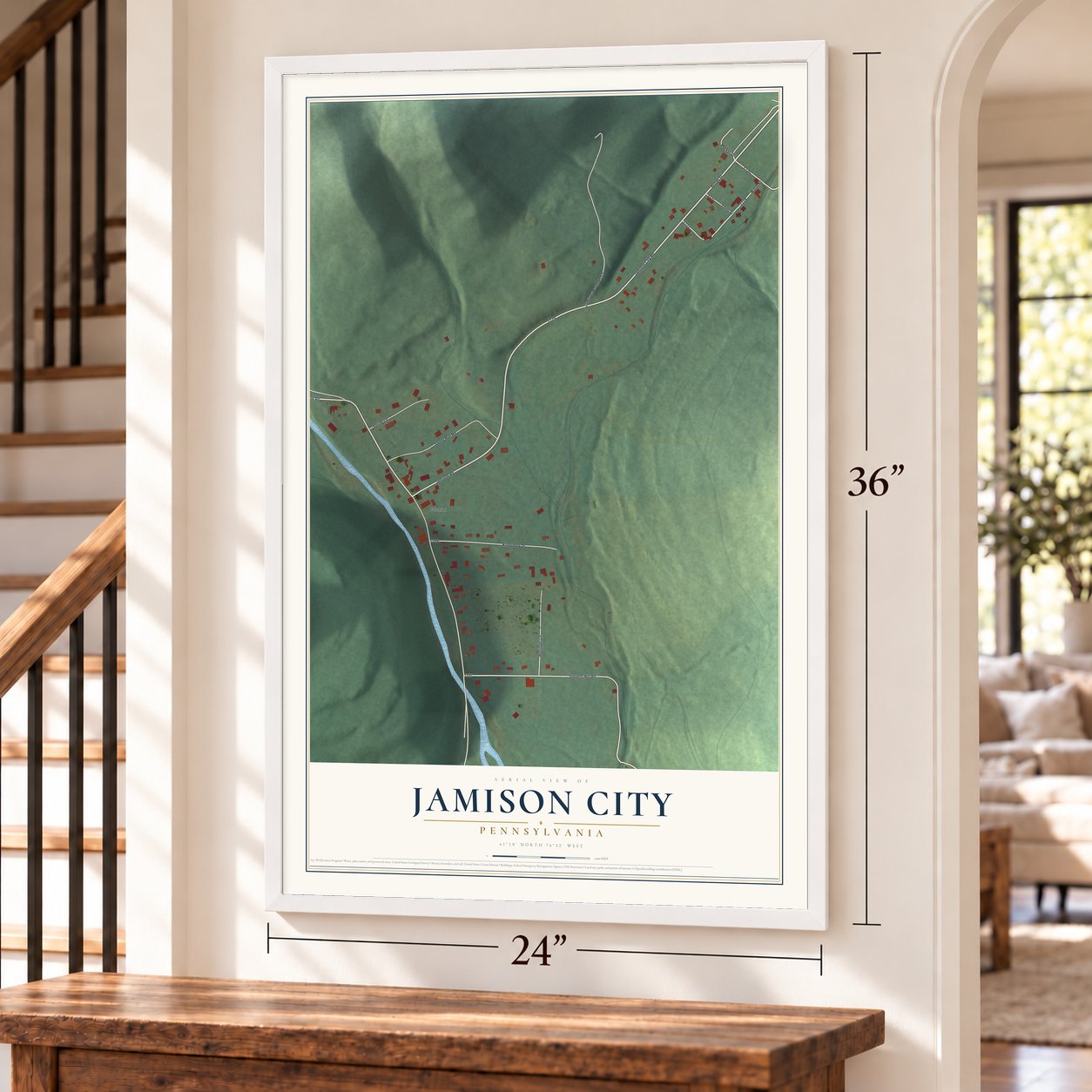 Jamison City, Pennsylvania map, 24 x 36 inch print in a white frame by a staircase