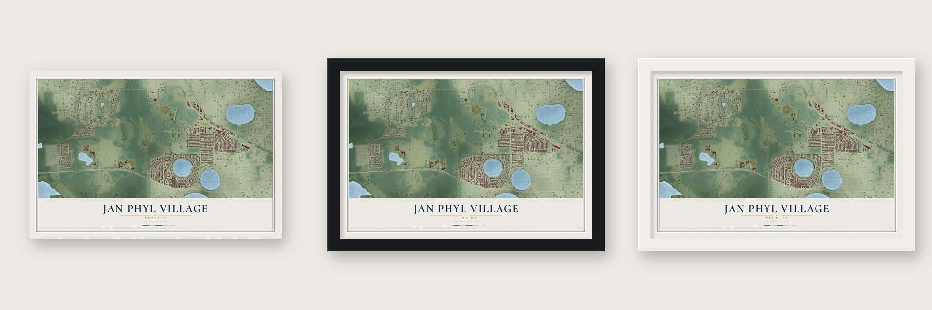 Jan Phyl Village, Florida map unframed, in a black wood frame and in a white wood frame