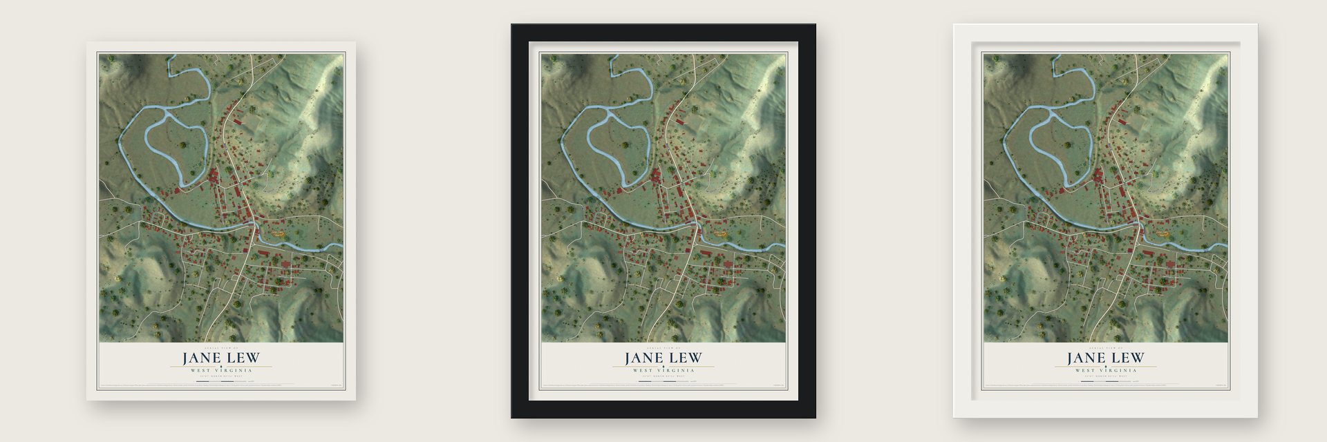 Jane Lew, West Virginia map unframed, in a black wood frame and in a white wood frame