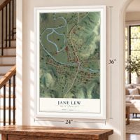 Jane Lew, West Virginia map, 24 x 36 inch print in a white frame by a staircase